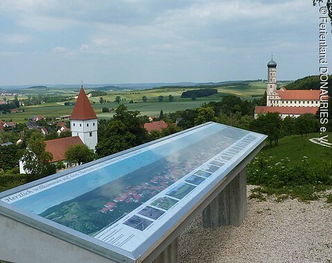 Aussichtsplattform Aussichtspunkt mit Infotafel am Geotop Kühstein in Mönchsdeggingen mit Blick ins Ries. Rechter Hand liegt das ehemalige Kloster bzw. die katholische Pfarrkirche St. Martin. Links die evangelische Pfarrkirche St. Georg.
