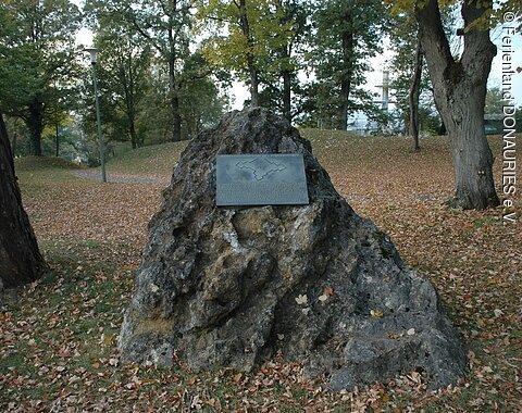 Eine Infotafel, die an einem Stein angebracht ist, auf der Sternschanze am Schellenberg in Donauwörth.