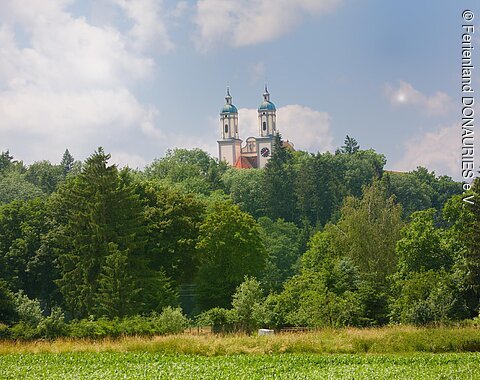 Blick auf die beiden Türme von Kloster Holzen mit davor liegendem Wald.