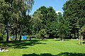 Blick auf die Liegewiese mit ihren Bäumen