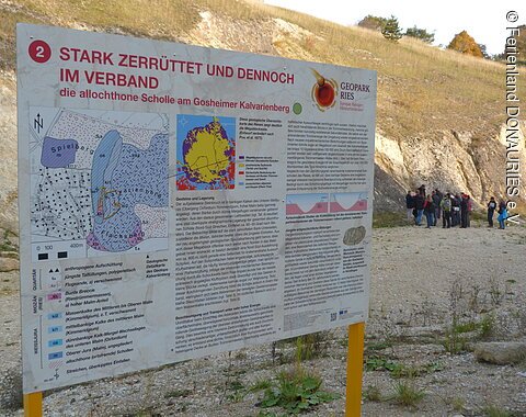 Infotafel "Stark zerrüttet und dennoch im Verband". Im Hintergrund sieht man Geotop-Besucher.