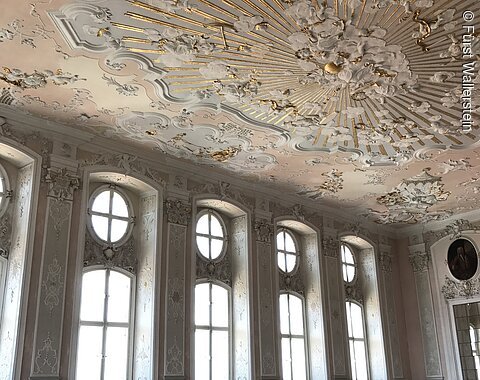 Prächtiger Barocksaal im Schloss Baldern mit imposanter Decke und hohen Fenstern