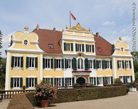 Frontalansicht Schloss Hohenaltheim Blick auf das Schloss Hohenaltheim mit seinen grünen Fensterläden