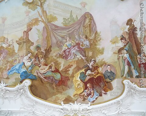 Deckenfresko im Festsaal im Schloss Leitheim Blick auf ein Deckenfresko im Festsaal des Schlosses Leitheim