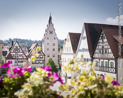 Ausblick aus dem Monheimer Rathaus auf das Wahrzeichen der Stadt Monheim „Oberer Torturm mit den Moserhäusern“