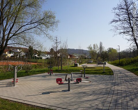 Blick auf den Stadtpark in Lauchheim mit seine Spielgeräten und Bäumen