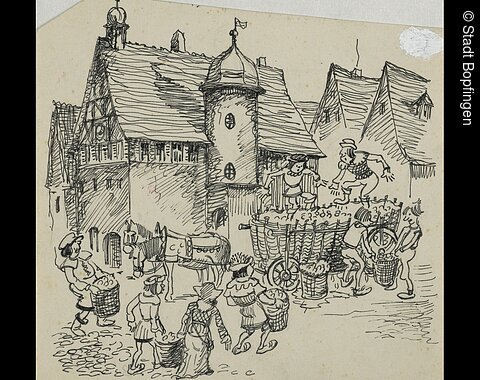 Originale Tintenzeichnung mit Menschen und Fachwerkhäusern.