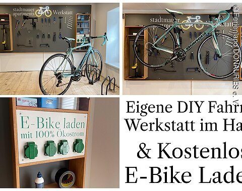 es sind mehrere Bilder aus dem Fahrradraum der Unterkunft zu sehen. Unter anderem die Ladestation