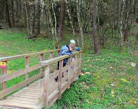 Zwei Kinder stehen auf einer Holzbrücke, die über einen Graben führt.