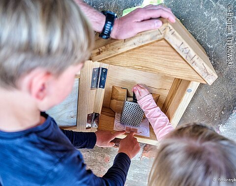 Zwei Kindern stempeln an einer Station den Entdeckerpass auf der Stadtmauer.