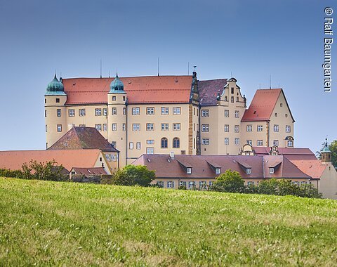 Ein großes, altes Schloss mit einer grünen Wiese im Vordergrund.