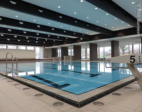 Das Monheimer Hallenbad, das Jurabad, mit gefülltem Schwimmbecken, Startblöcken und großen Fenstern, die Tageslicht hereinlassen.