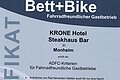 Zertifikat des ADFC für das KRONE Hotel Steakhaus Bar in Monheim als fahrradfreundlicher Gastbetrieb, ausgestellt 2016.