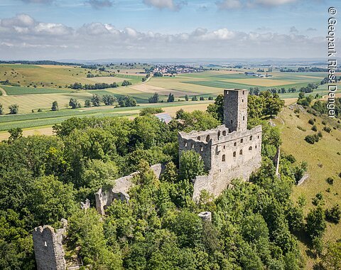 Luftbild auf die Burgruine Niederhaus Luftaufnahme der Burgruine Niederhaus inmitten von Bäumen, umgeben von Feldern und Hügeln der Rieslandschaft.