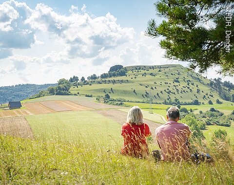 Zwei Personen sitzen auf einer Wiese und blicken auf eine hügelige Landschaft mit Feldern und Bäumen.