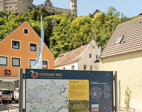 Unterhalb einer Burg steht zwischen Häusern eine Informationstafel über den Geopark Ries.