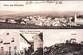 Schwarz-weiß Postkarte mit drei alten Fotos: mit einer Panorama-Aufnahme von oben von Wittesheim, Molkerei und Spezzereihandlung von Gregor Wenninger und der Kalvarienbergkapelle auf einem Hügel.