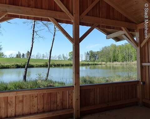 Blick von einer braunen Holzhütte auf einen Teich umgeben von Bäumen und Wiese unter blauem Himmel.