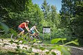 Zwei Radfahrer mit Helmen fahren im Sommer auf einem Waldweg an einer Infotafel mit kleiner Überdachung vorbei und schauen darauf, umgeben von grünen Bäumen und Büschen.