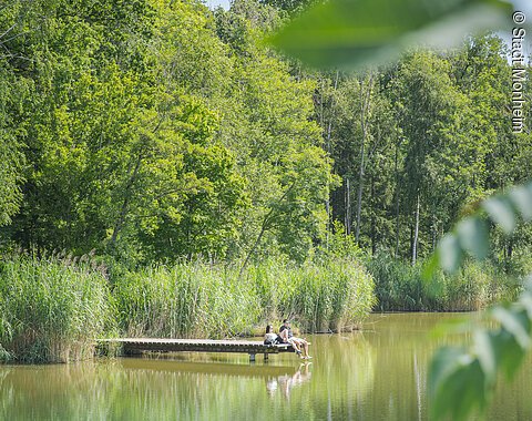 Monheim - Waldsee - Shooting 2021 Zwei Personen sitzen auf einem Steg am See, umgeben von Bäumen und Schilf, im Vordergrund unscharfe Blätter.