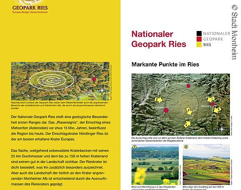 Geopark Infostelle Monheim Plakat des Nationalen Geoparks Ries mit Karten, Texten und Fotos markanter Punkte im Rieskrater. Oben links im Eck das Logo vom Geopark Ries.