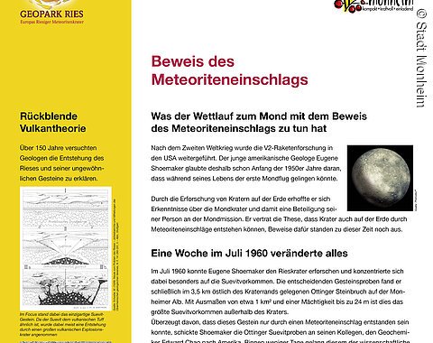Geopark Infostelle Monheim Eine Informationstafel über den Meteoritenkrater Geopark Ries. Es behandelt die Vulkantheorie, den Beweis des Meteoriteneinschlags und das Mineral Coesit. Enthält Karten und Bilder. Oben rechts im Eck das Logo der Stadt Monheim, oben links das Logo vom Geopark Ries.