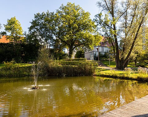 Weiher mit Springbrunnen, umgeben von Bäumen und einem Gebäude im Hintergrund bei Sonnenschein