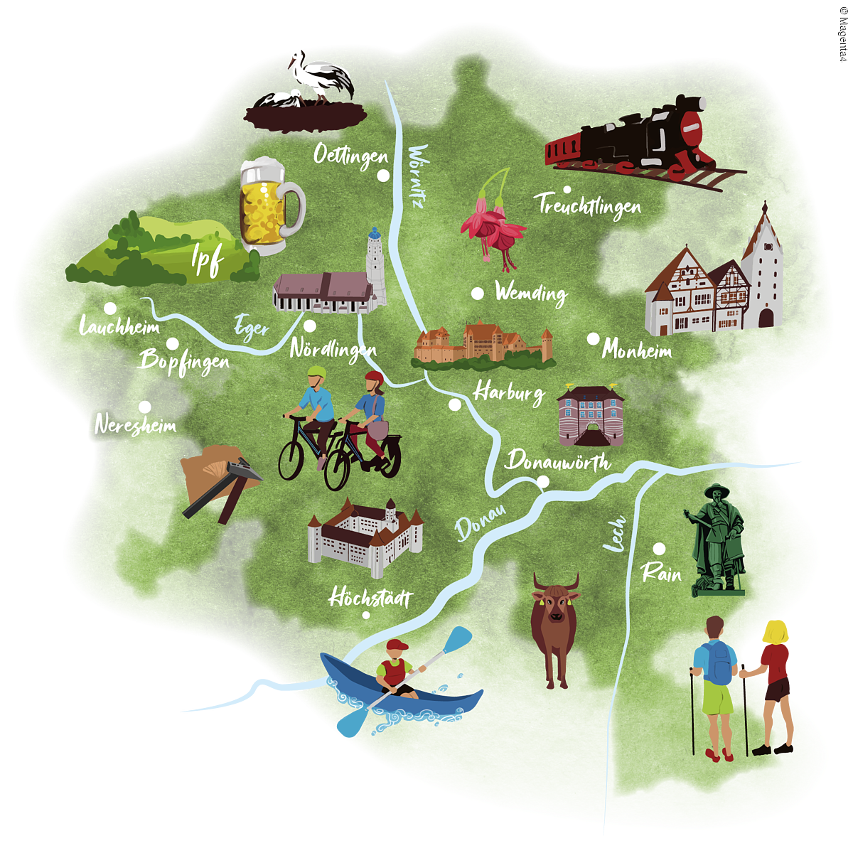 Die Erlebniskarte zeigt das Gebiet des Ferienland DONAURIES mit seinen Städten und Highlights aus der Region.
