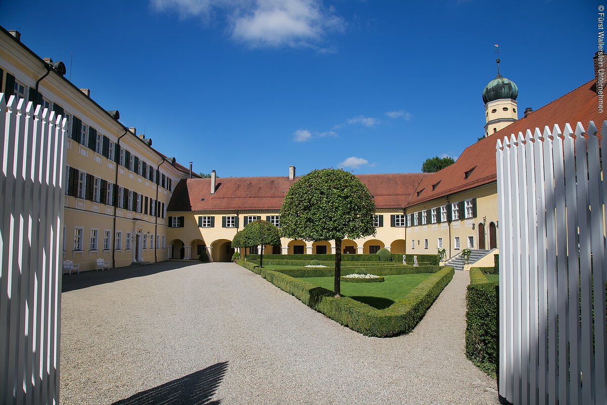 Blick vom Eingangstor auf Schloss Wallerstein