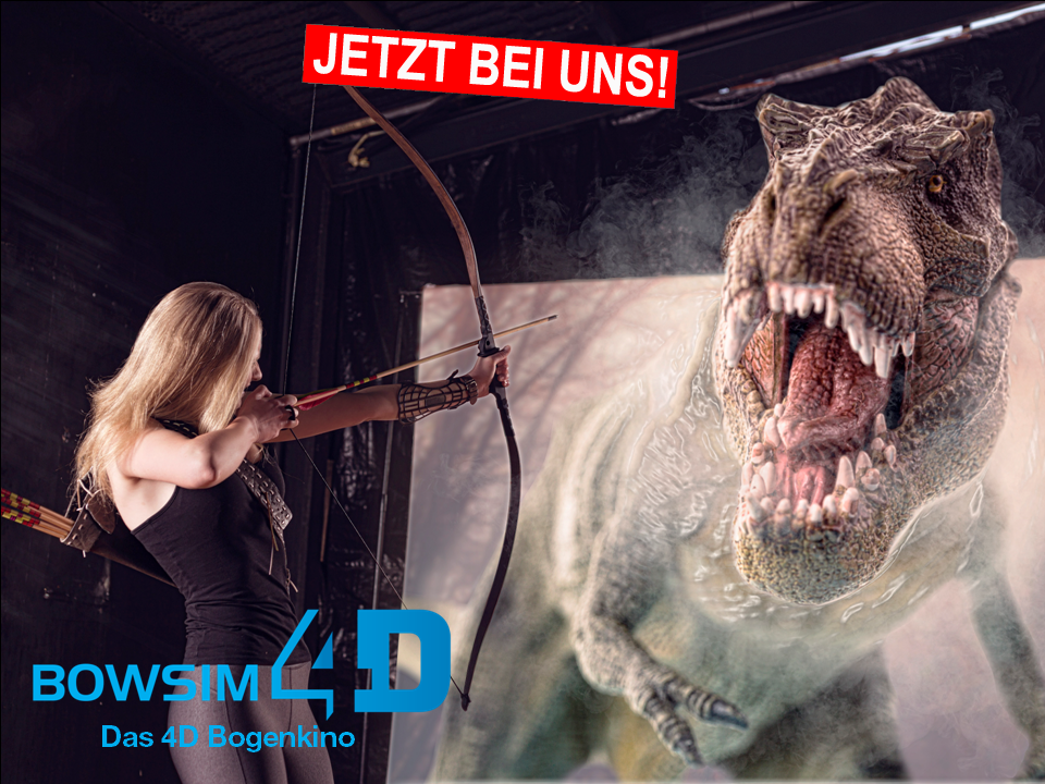 Bogenkino Siebert Mädchen schießt mit Pfeil und Bogen auf Dinosaurier