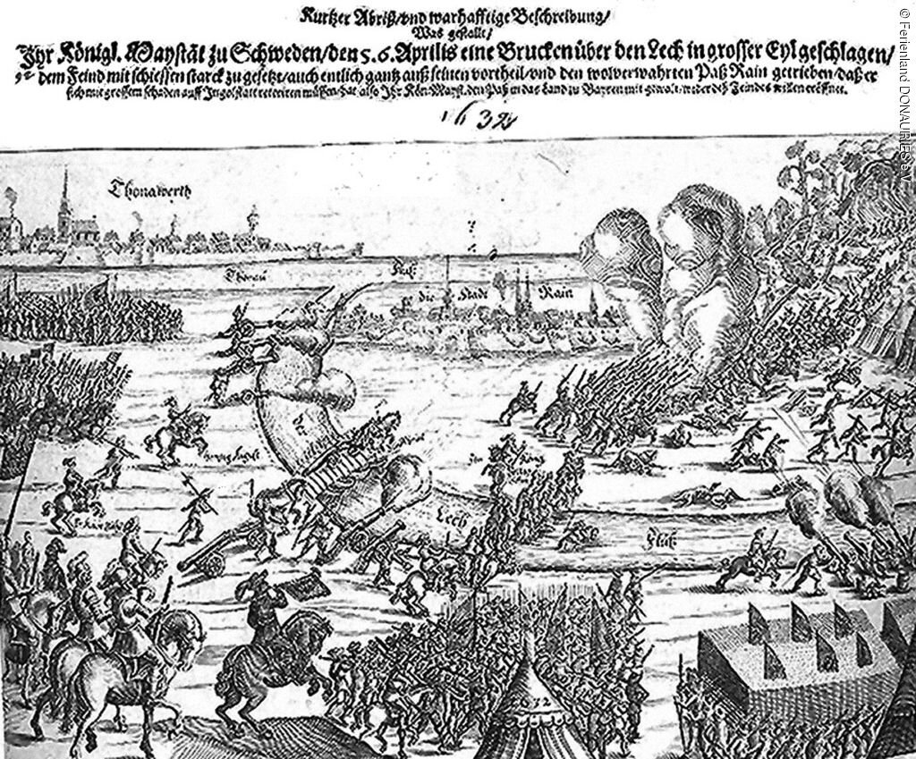 Bild eines Druckes der die Schlacht bei Rain zeigt.