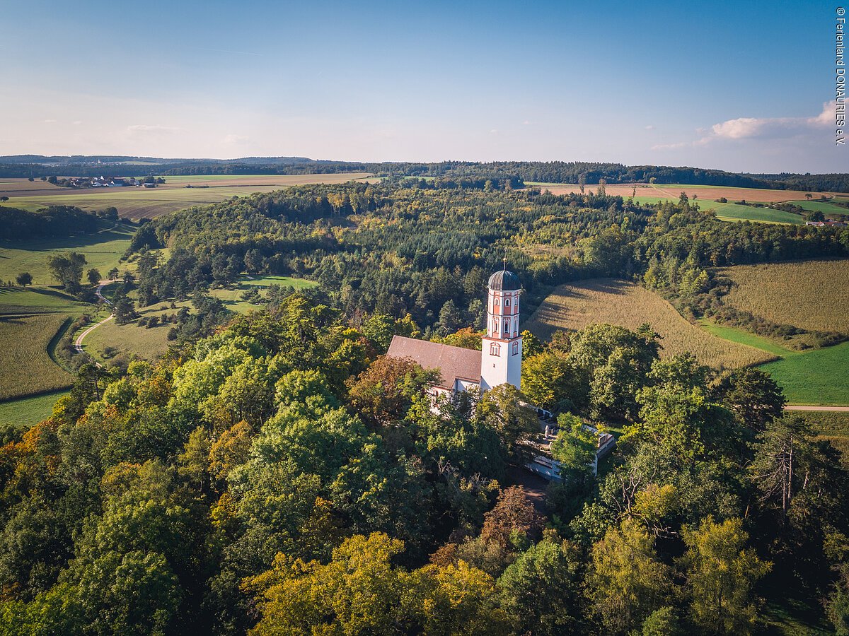 Luftaufnahme des bewaldeten Michelsbergs mit der darauf thronenden Kirche St. Michael.