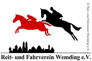 Logo Reit- und Fahrverein Wemding e.V. Das Logo des Reit- und Fahrvereins Wemding e.V. - zwei über die Umrisse von Wemding springende Pferde mit Reiter