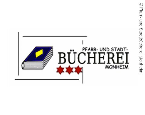Logo der Pfarr- und Stadtbücherei Monheim Logo mit einem blauen Buch und drei roten Sternen rechts davon eingerahmt in ein offenes Rechteck. Rechts davon der Text „Pfarr- und Stadtbücherei Monheim“.