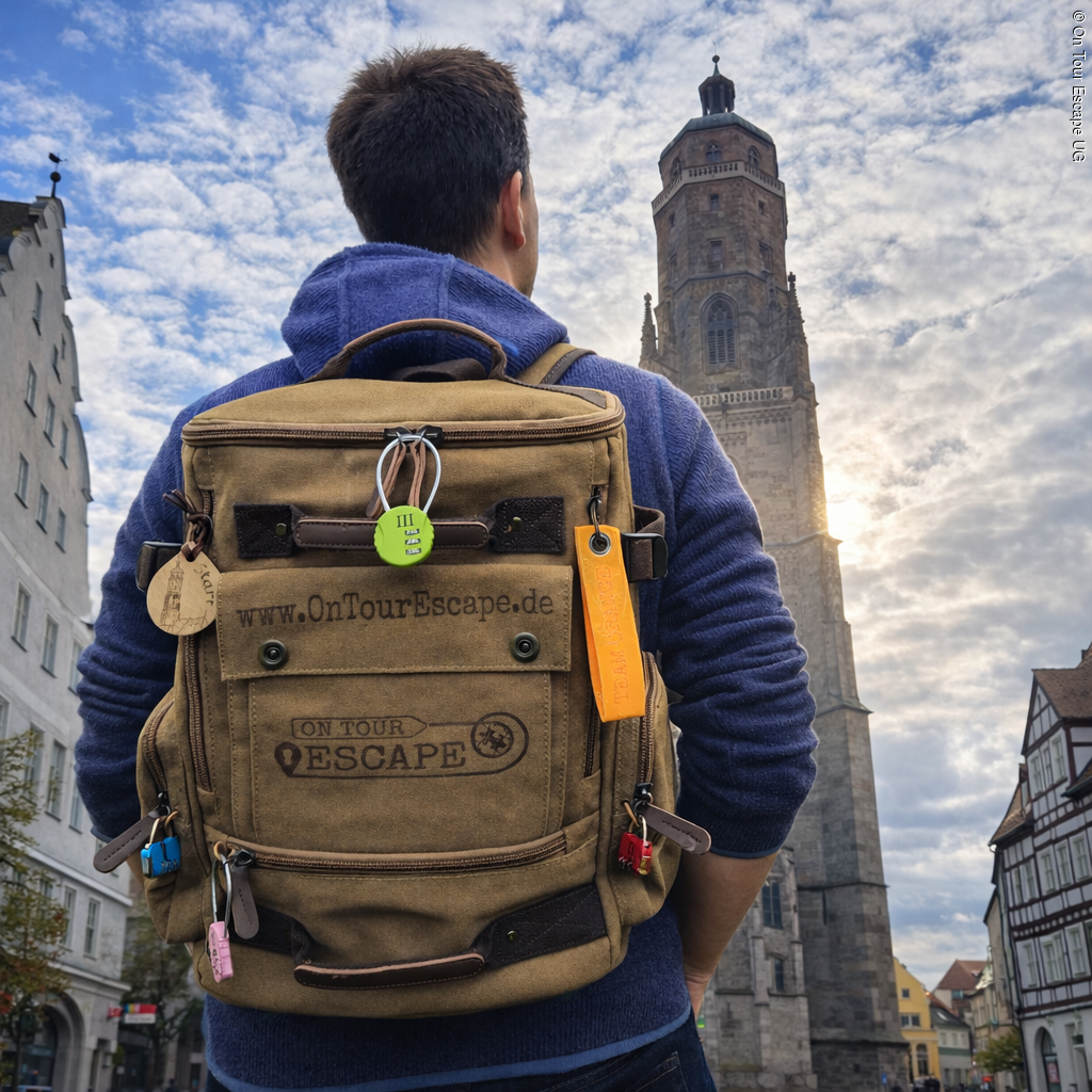Person mit einem Escape-Rucksack steht vor dem Daniel, dem Kirchturm der Sankt Georgskirche, in Nördlingen. Der Himmel ist bewölkt.
