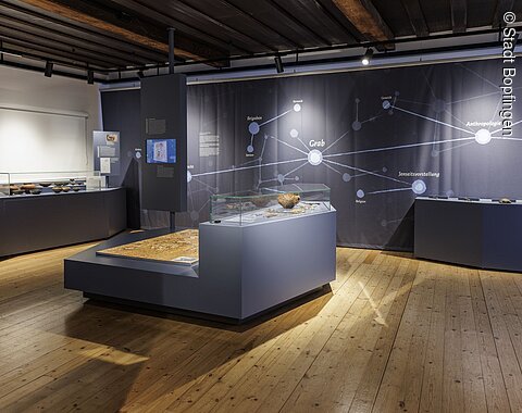 Blick in einen Ausstellungsraum des Ipf-Museums in Bopfingen Museumsausstellung mit Vitrinen, Exponaten und Wandgrafik zu Archäologie und Anthropologie.