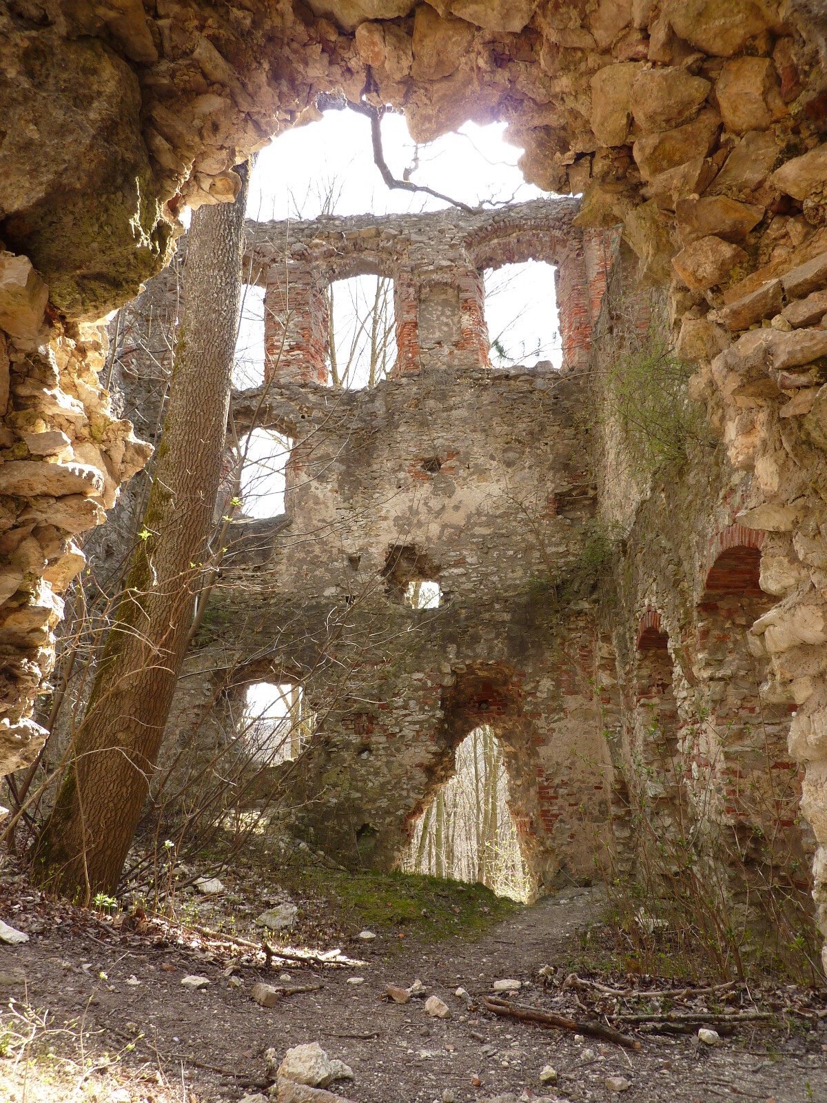 Die Ruine Hochhaus bei Hürnheim Die Ruine einer ehemaligen Burg besteht aus rauem Mauerwerk und hat drei Fensterreihen übereinander. Im Vordergrund ist der Rand eines weiteren Torbogens zu sehen.