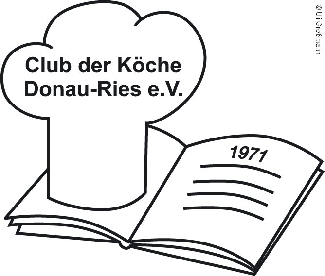 Kochclub Donau-Ries e.V. Logo des Club der Köche Donau-Ries: Ein grafisches Emblem mit Bezug zur Gastronomie, Kochsymbolen Kochmütze und Rezeptbuch. Der Schriftzug „Club der Köche Donau-Ries“ ist klar lesbar und steht im Mittelpunkt des Designs, nebst dem Gündungsdatum 1971. Das Logo wirkt traditionell und fachlich geprägt.